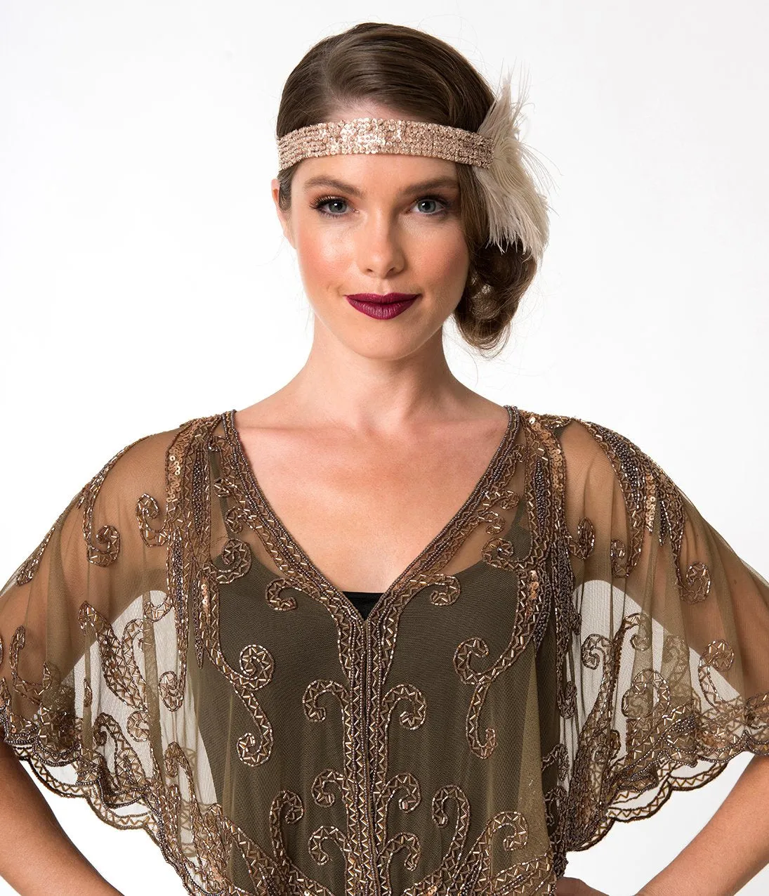 1920s Style Brown & Dusty Rose Gold Beaded Sheer Mesh Capelet