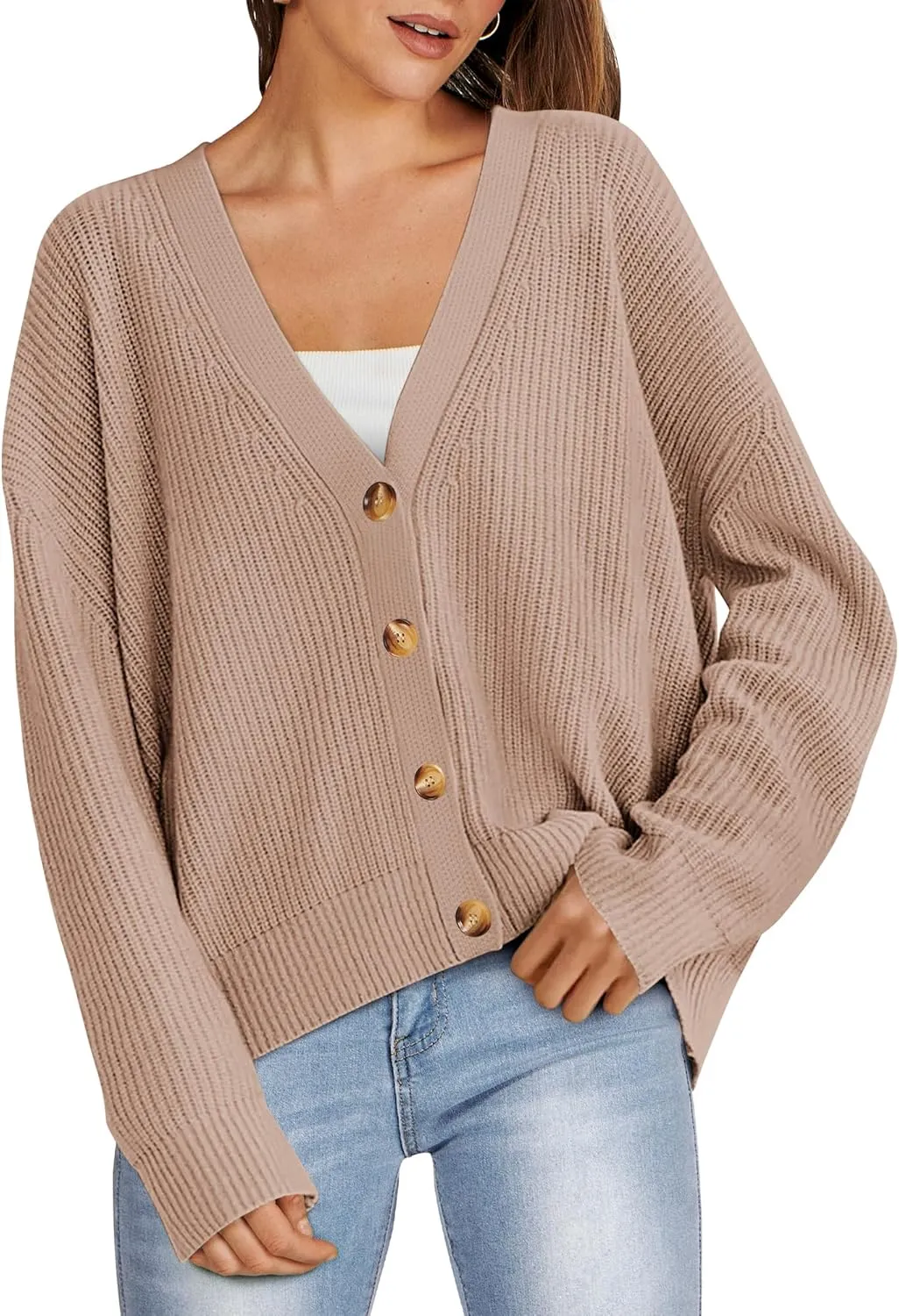 ANRABESS Women Cardigan Sweaters 2024 Fall Oversized Button Open Front Knit Lightweight Cardigans Fall Outfits Outerwear