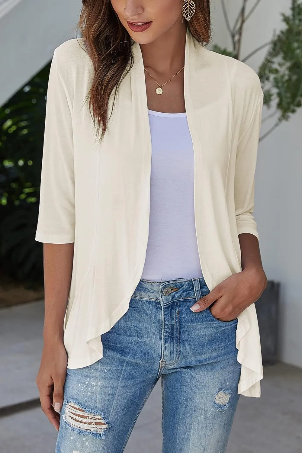 Bluetime Women's Casual Lightweight Open Front Cardigans Soft Draped Ruffles 3/4 Sleeve Cardigan (S-3XL)