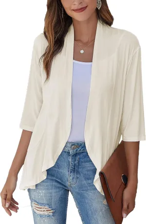 Bluetime Women's Casual Lightweight Open Front Cardigans Soft Draped Ruffles 3/4 Sleeve Cardigan (S-3XL)