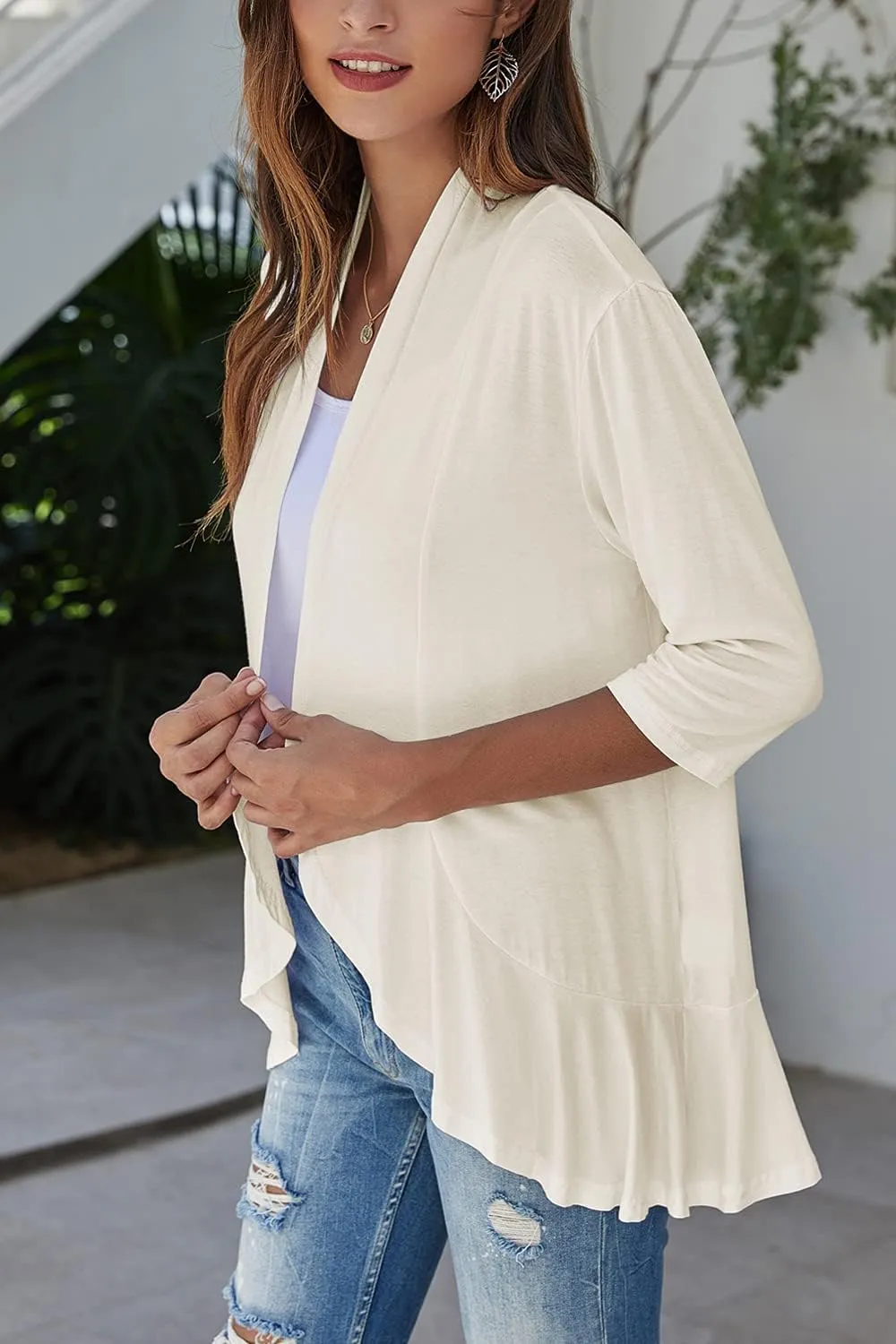 Bluetime Women's Casual Lightweight Open Front Cardigans Soft Draped Ruffles 3/4 Sleeve Cardigan (S-3XL)