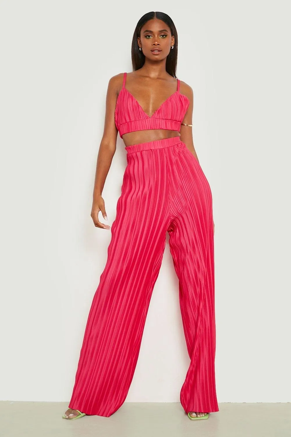Boohoo Brulette and Wide Leg Pants Set, Pink