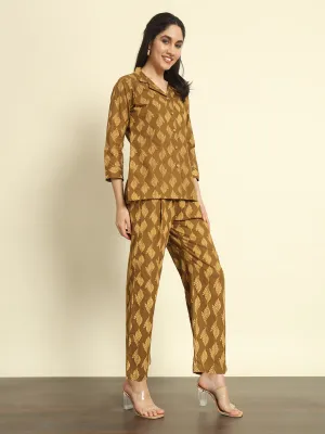 Brown Printed Lapel Collar Co-ords