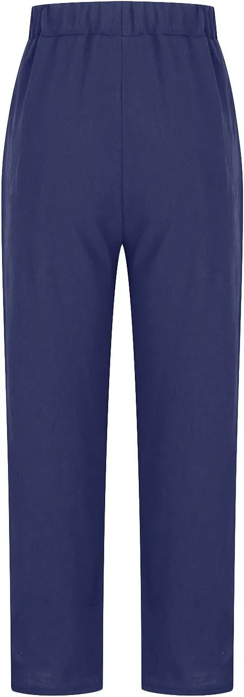 Cotton Linen Trouser for Women Casual Elastic Waist Pants Summer Loose Fit Beach Vacation with Big Pockets