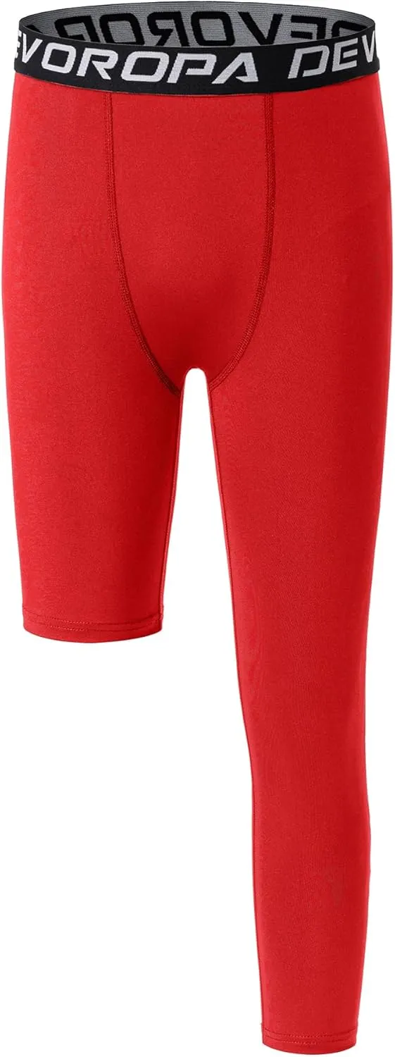 DEVOROPA Youth Boys One Leg Compression Pants for Basketball 3/4 Leggings Sports Tights Kids Athletic Soccer Base Layer
