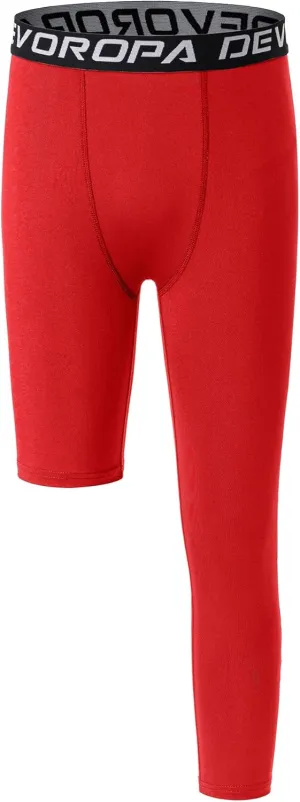 DEVOROPA Youth Boys One Leg Compression Pants for Basketball 3/4 Leggings Sports Tights Kids Athletic Soccer Base Layer