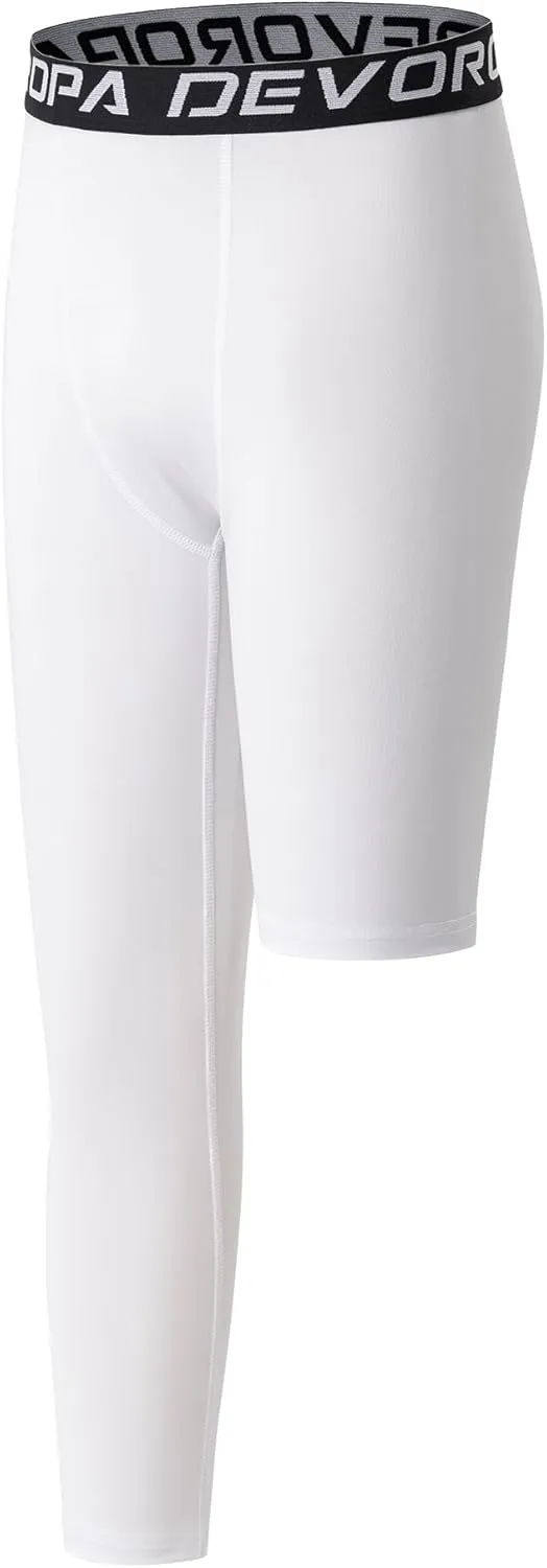 DEVOROPA Youth Boys One Leg Compression Pants for Basketball 3/4 Leggings Sports Tights Kids Athletic Soccer Base Layer
