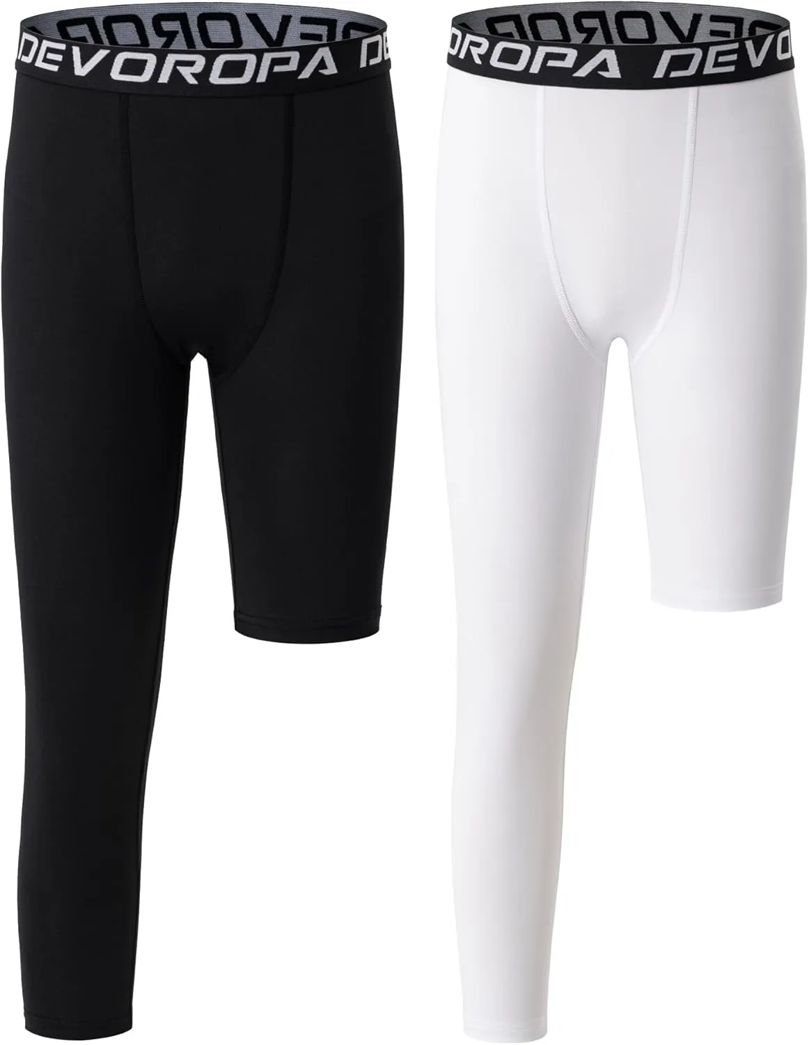 DEVOROPA Youth Boys One Leg Compression Pants for Basketball 3/4 Leggings Sports Tights Kids Athletic Soccer Base Layer