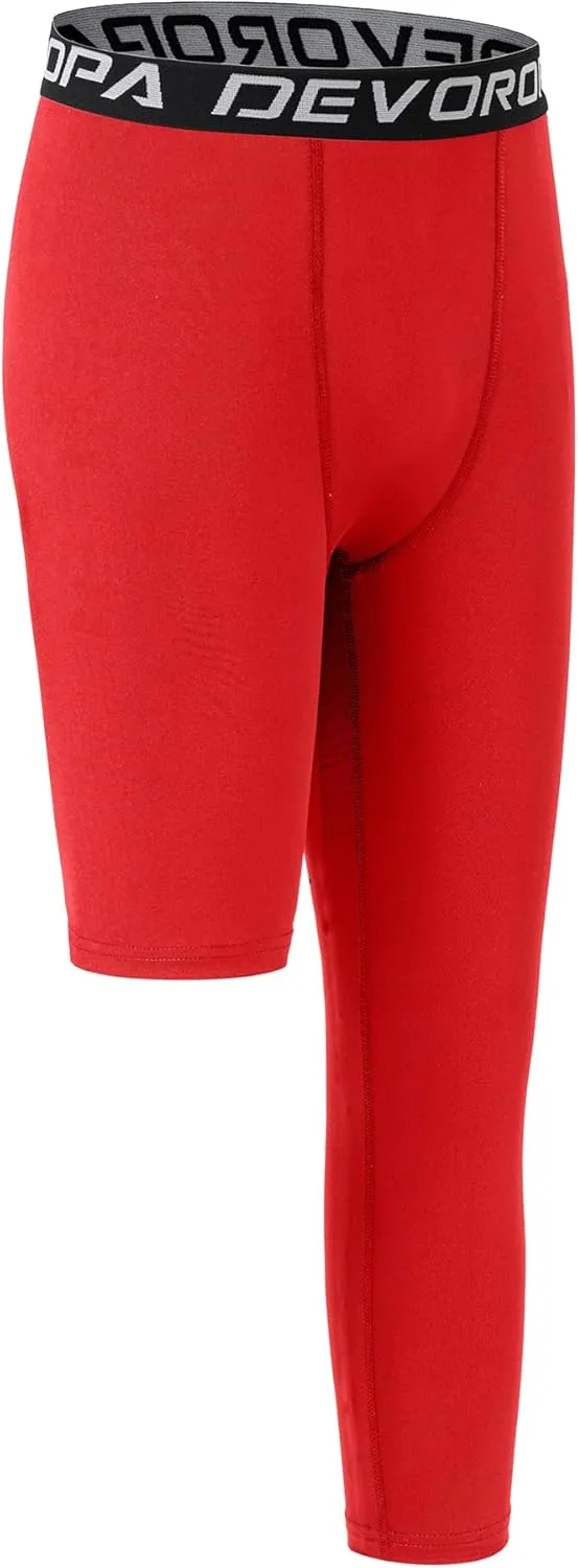 DEVOROPA Youth Boys One Leg Compression Pants for Basketball 3/4 Leggings Sports Tights Kids Athletic Soccer Base Layer