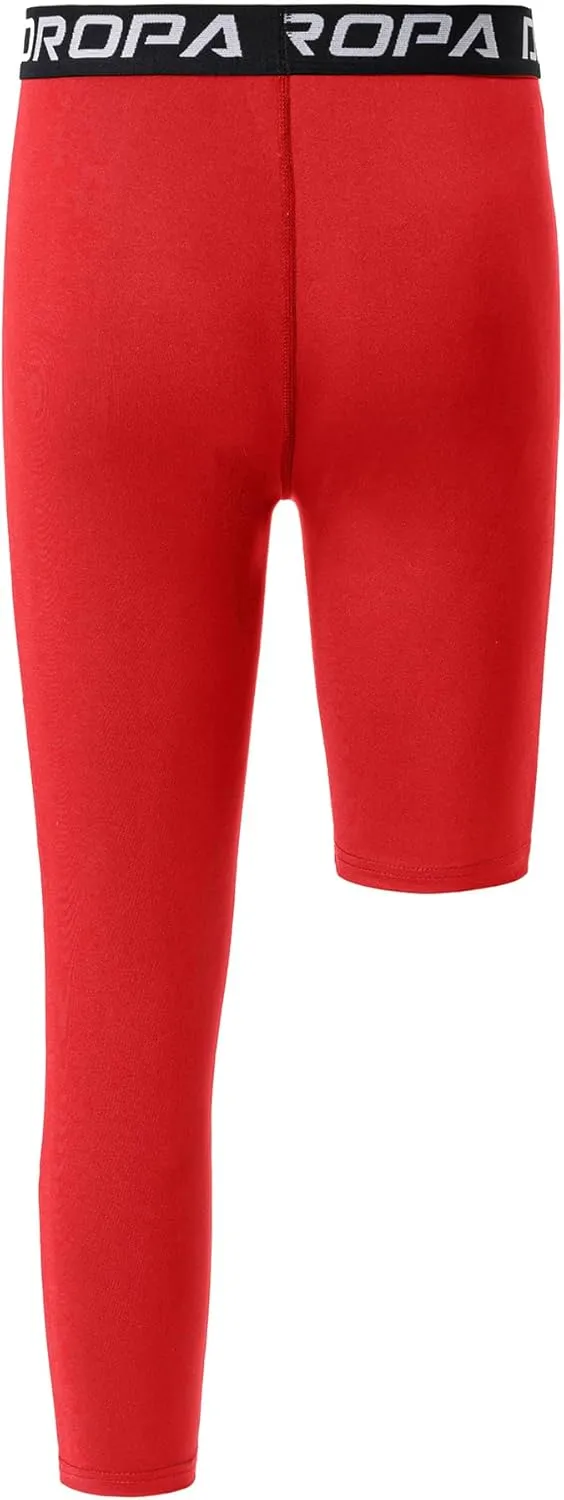 DEVOROPA Youth Boys One Leg Compression Pants for Basketball 3/4 Leggings Sports Tights Kids Athletic Soccer Base Layer