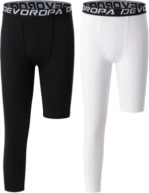 DEVOROPA Youth Boys One Leg Compression Pants for Basketball 3/4 Leggings Sports Tights Kids Athletic Soccer Base Layer