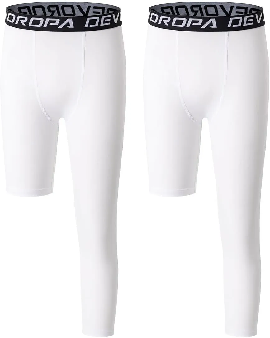 DEVOROPA Youth Boys One Leg Compression Pants for Basketball 3/4 Leggings Sports Tights Kids Athletic Soccer Base Layer