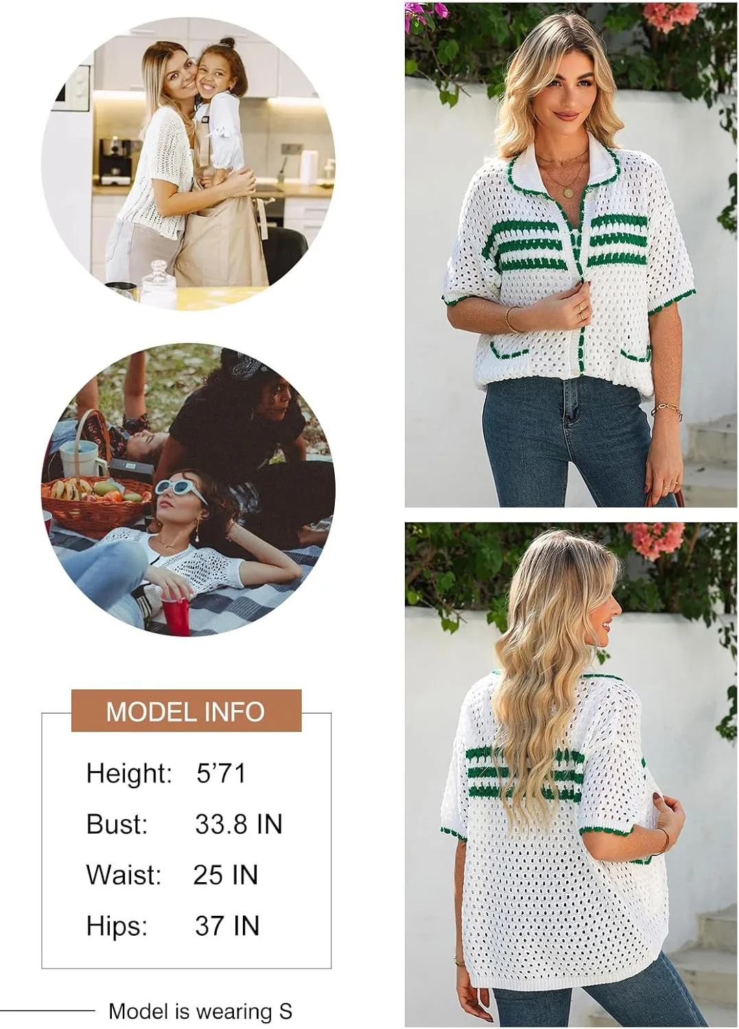 Dokotoo Womens Summer Cardigans Short Sleeve Crochet Cardigan Sweaters Collar Neck Color Block Vacation Outfits