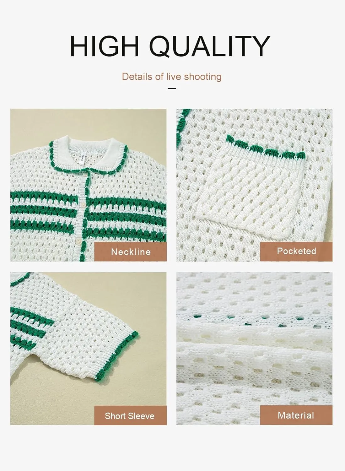 Dokotoo Womens Summer Cardigans Short Sleeve Crochet Cardigan Sweaters Collar Neck Color Block Vacation Outfits