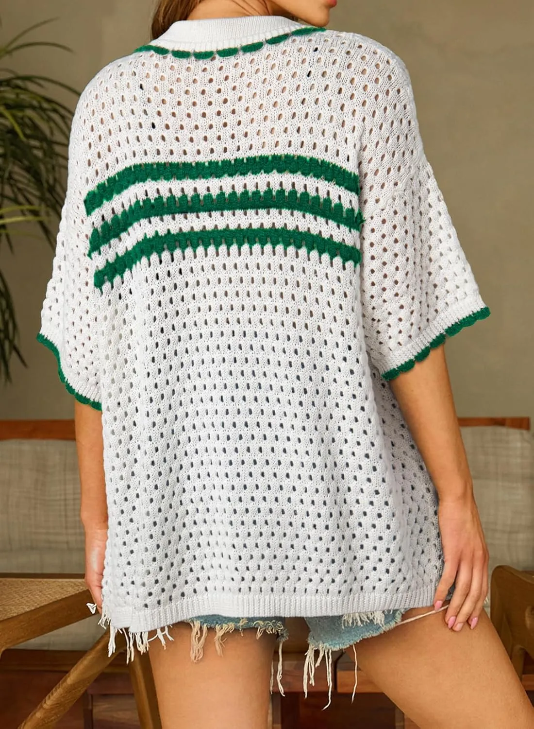 Dokotoo Womens Summer Cardigans Short Sleeve Crochet Cardigan Sweaters Collar Neck Color Block Vacation Outfits