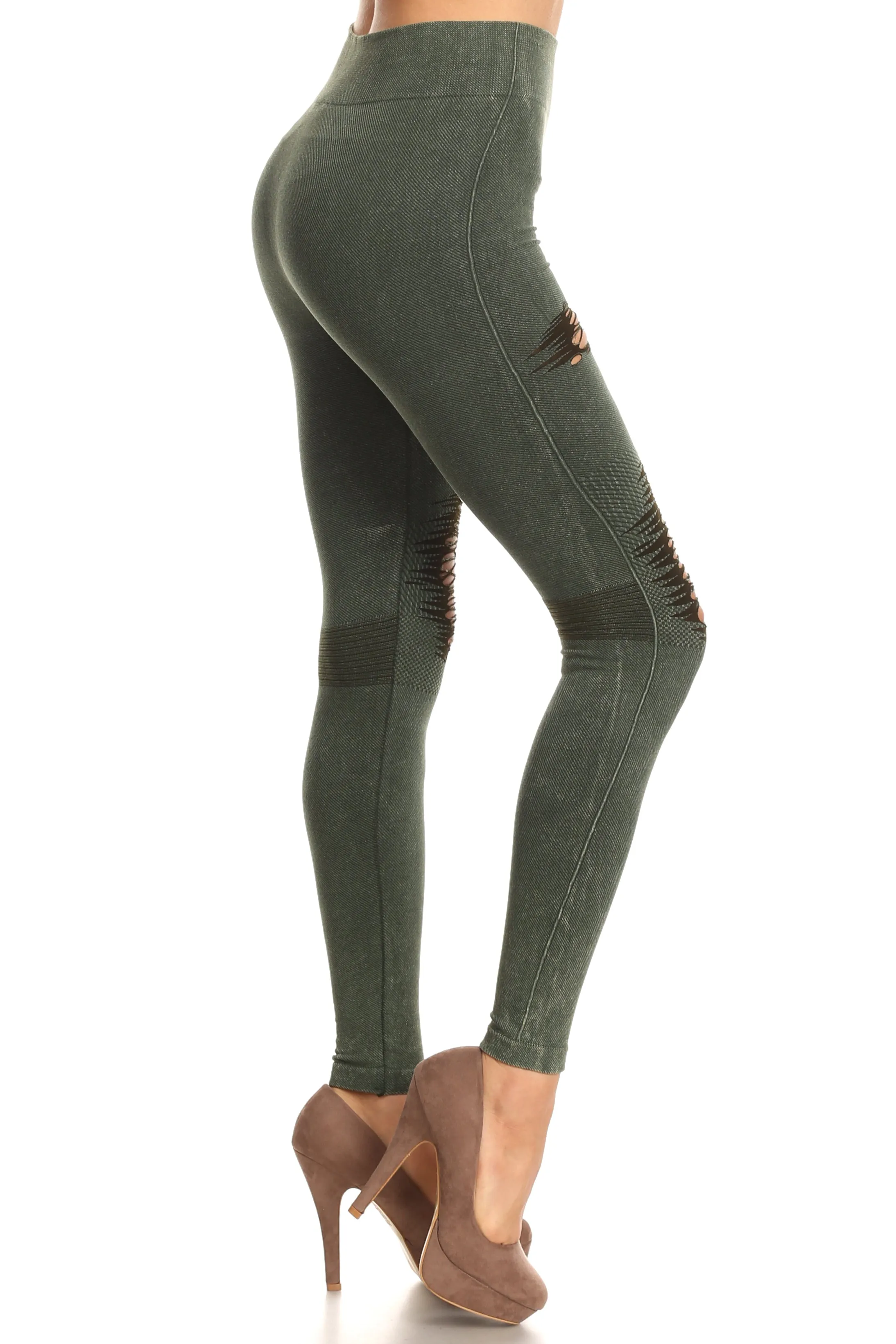 Edgy Distressed Vintage Wash Moto Denim Legging
