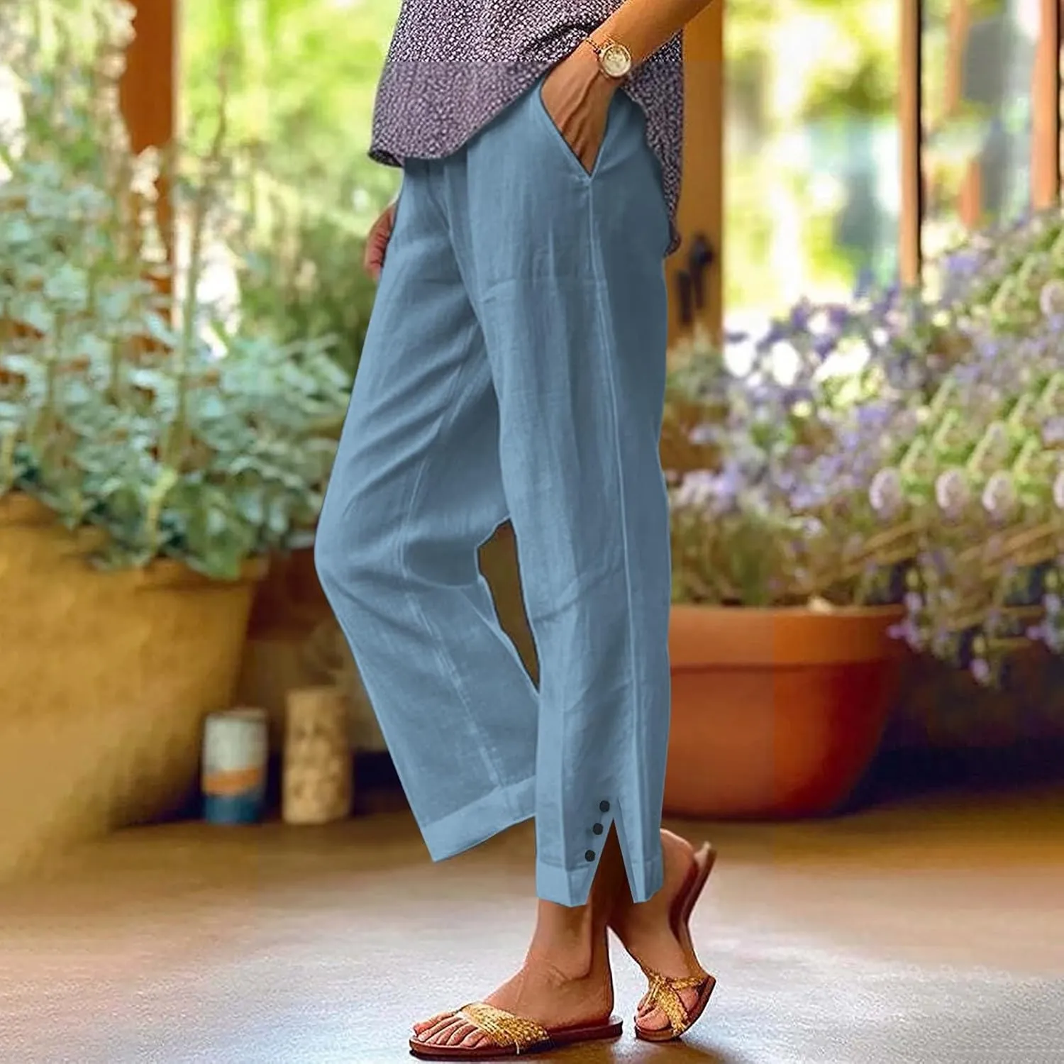 GIERIDUC Linen Pants for Women Flowy Palazzo Pants Bohemian High Waist Wide Leg Trousers Summer Beach Cruise Vacation Outfits