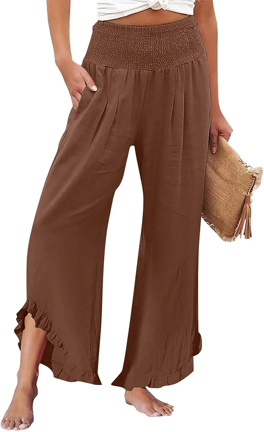GIERIDUC Women Linen Pants Summer Wide Leg Pants Smocked Waist Ruffle Hem Palazzo Pants with Pocket Boho Flowy Beach Pants