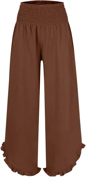GIERIDUC Women Linen Pants Summer Wide Leg Pants Smocked Waist Ruffle Hem Palazzo Pants with Pocket Boho Flowy Beach Pants