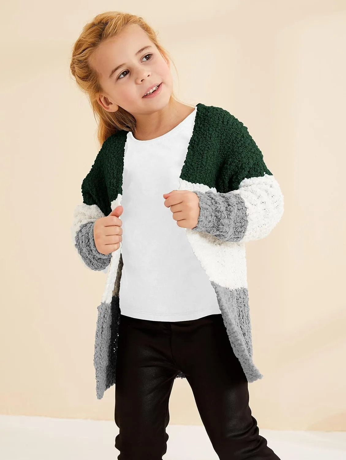 Girls Casual Open Front Long Sleeve Cardigan Pocket Fashion Sweater Outwear