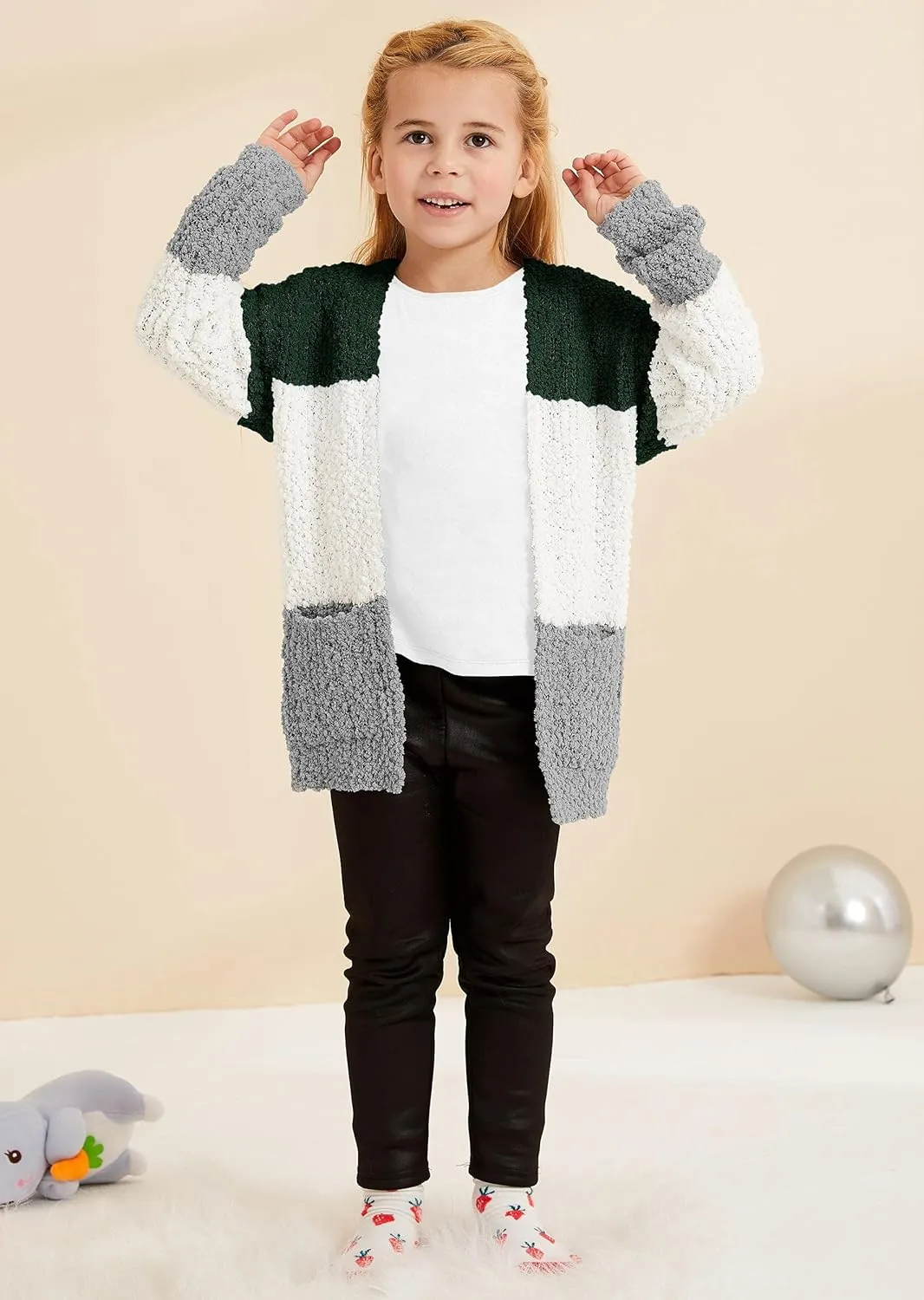 Girls Casual Open Front Long Sleeve Cardigan Pocket Fashion Sweater Outwear