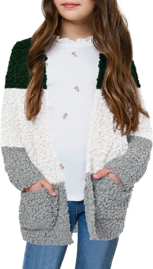 Girls Casual Open Front Long Sleeve Cardigan Pocket Fashion Sweater Outwear