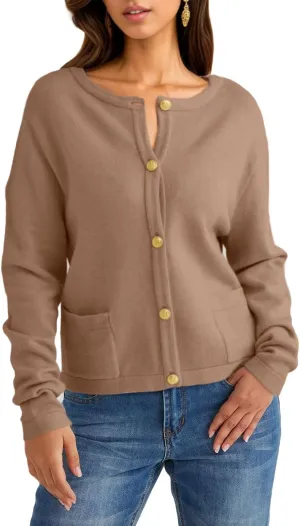 GOLDSTITCH Womens Cardigans Striped Sweaters 2025 Crew Neck Gold Buttons Open Front Button Down Knit with Pockets