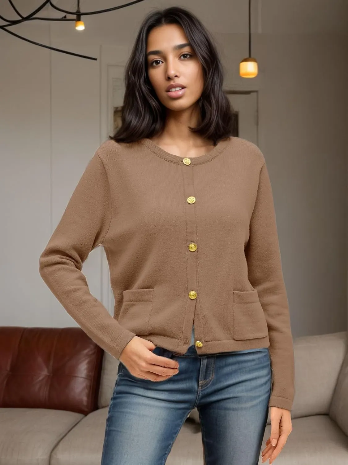 GOLDSTITCH Womens Cardigans Striped Sweaters 2025 Crew Neck Gold Buttons Open Front Button Down Knit with Pockets