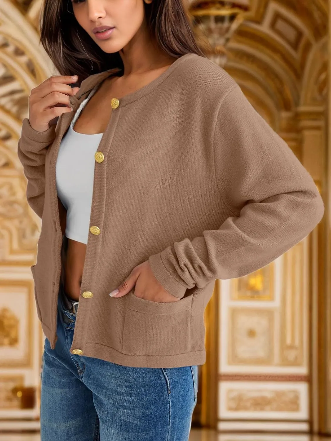 GOLDSTITCH Womens Cardigans Striped Sweaters 2025 Crew Neck Gold Buttons Open Front Button Down Knit with Pockets