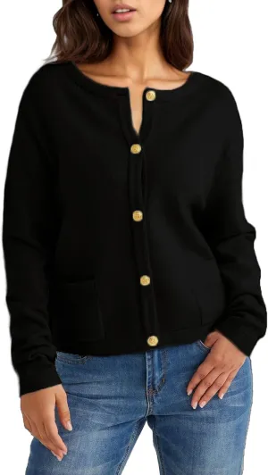 GOLDSTITCH Womens Cardigans Striped Sweaters 2025 Crew Neck Gold Buttons Open Front Button Down Knit with Pockets