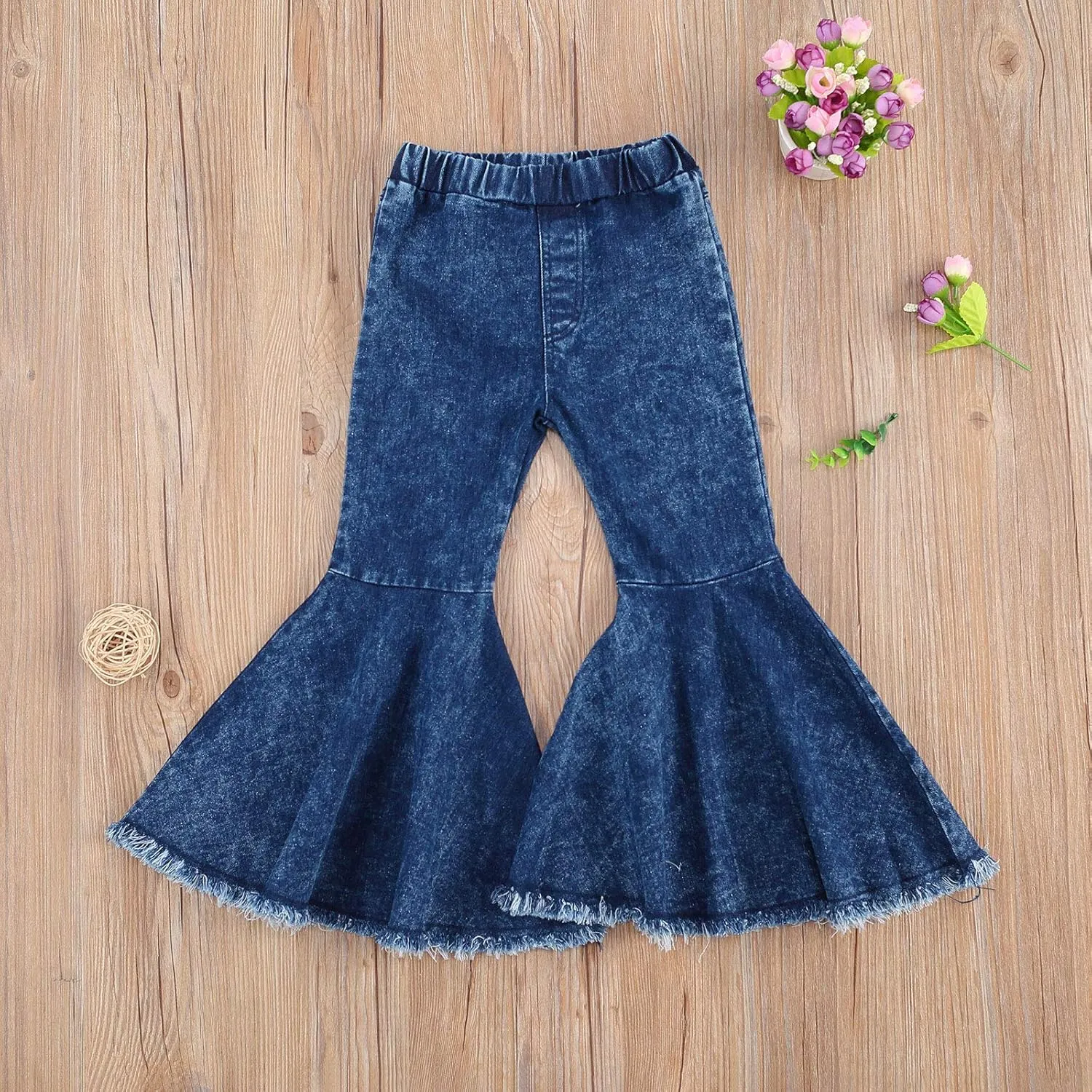 GOOCHEER Kids Toddler Little Baby Girl Ruffle Ripped Jeans Bell Bottom Flare Pants Ripped Denim Leggings Trousers