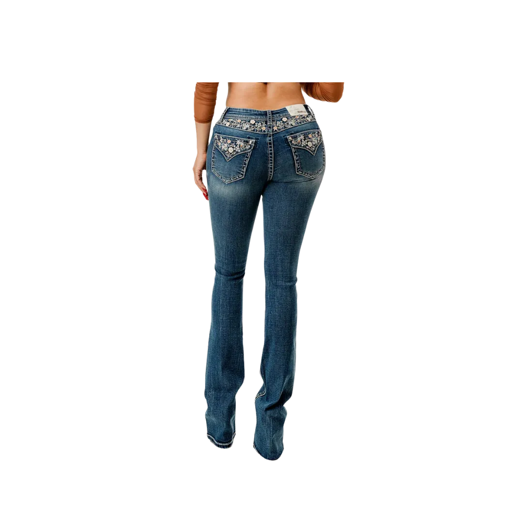 Grace In La Women's Floral Embroidered Yoke Detail Mid Rise Bootcut Jeans