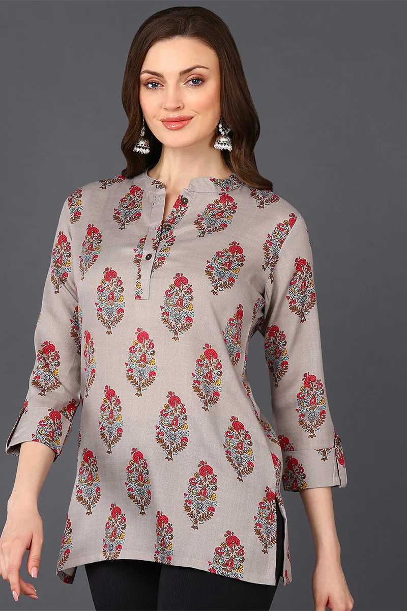 Grey Cotton Blend Ethnic Motifs Printed Straight Tunic