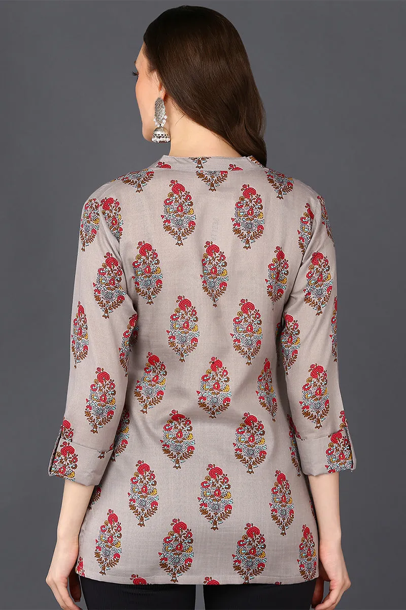 Grey Cotton Blend Ethnic Motifs Printed Straight Tunic