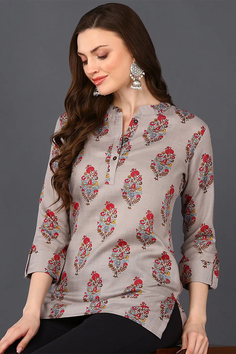 Grey Cotton Blend Ethnic Motifs Printed Straight Tunic