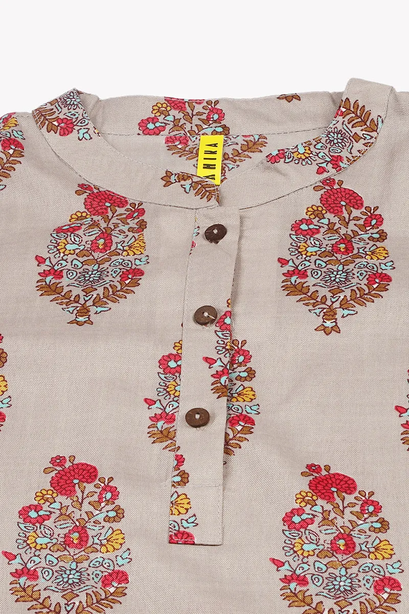 Grey Cotton Blend Ethnic Motifs Printed Straight Tunic