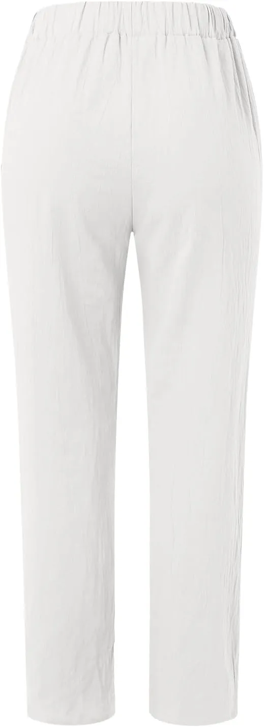 High Waisted Work Pants for Women Winter Comfy Hiking Capris with Pockets Solid Color Elastic Waist