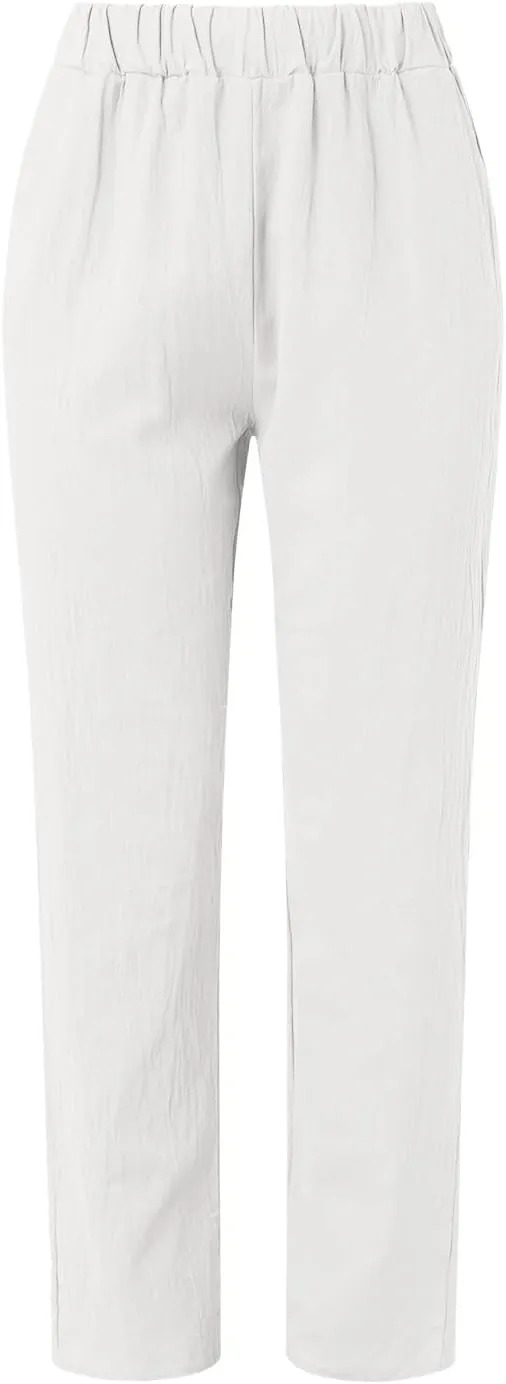 High Waisted Work Pants for Women Winter Comfy Hiking Capris with Pockets Solid Color Elastic Waist
