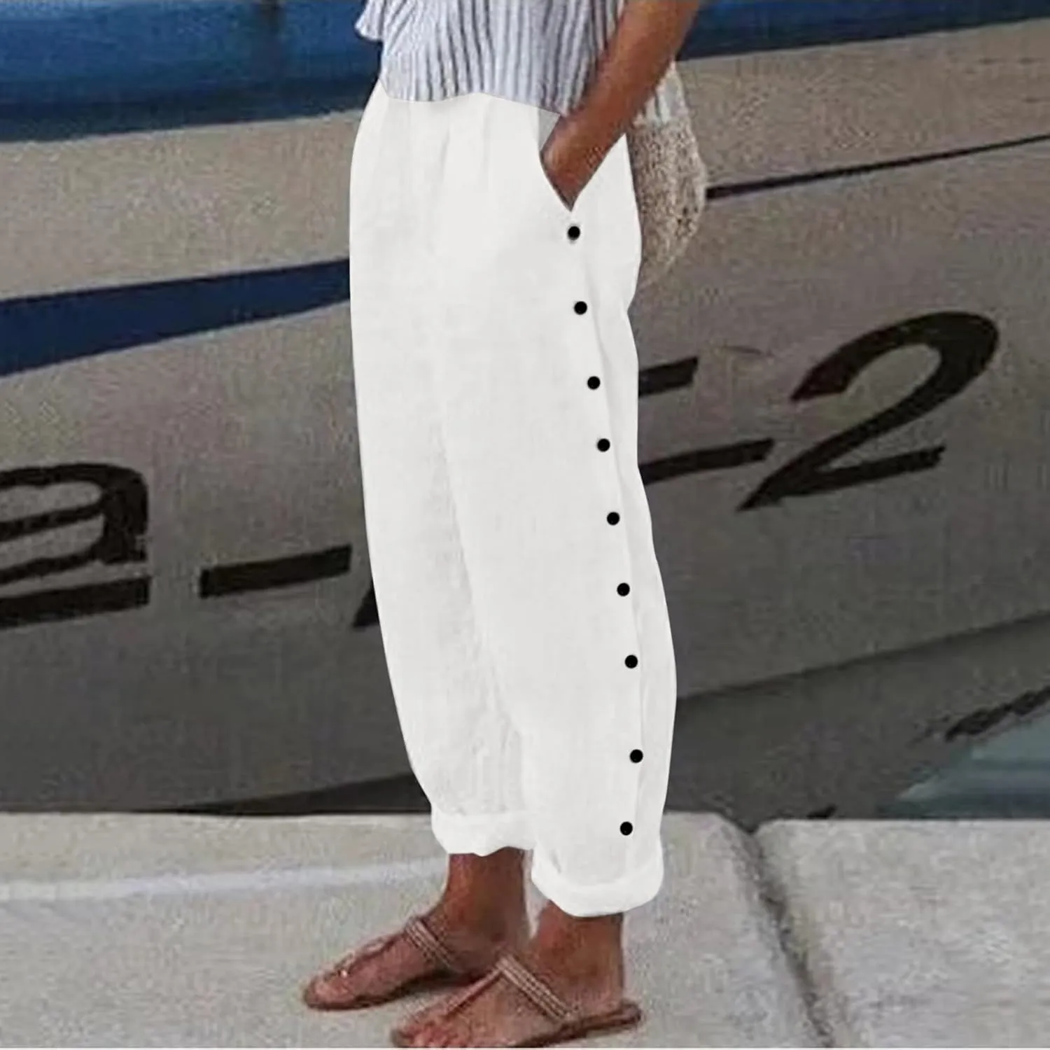 High Waisted Work Pants for Women Winter Comfy Hiking Capris with Pockets Solid Color Elastic Waist