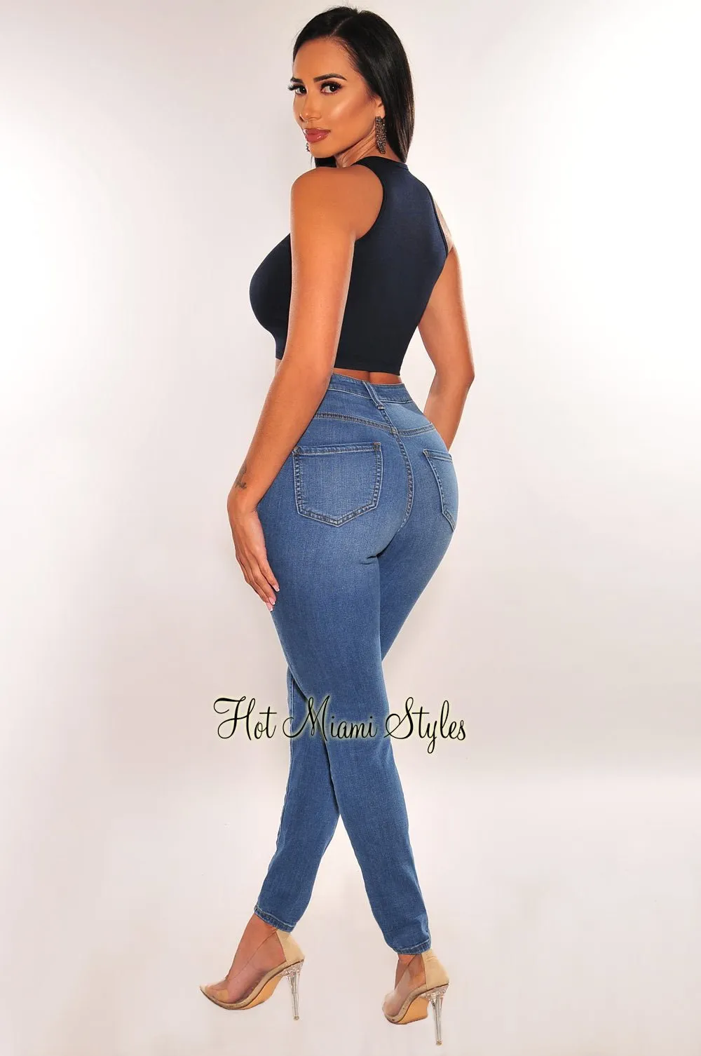 HMS ESSENTIAL: Navy Ribbed Seamless Sleeveless Crop Top
