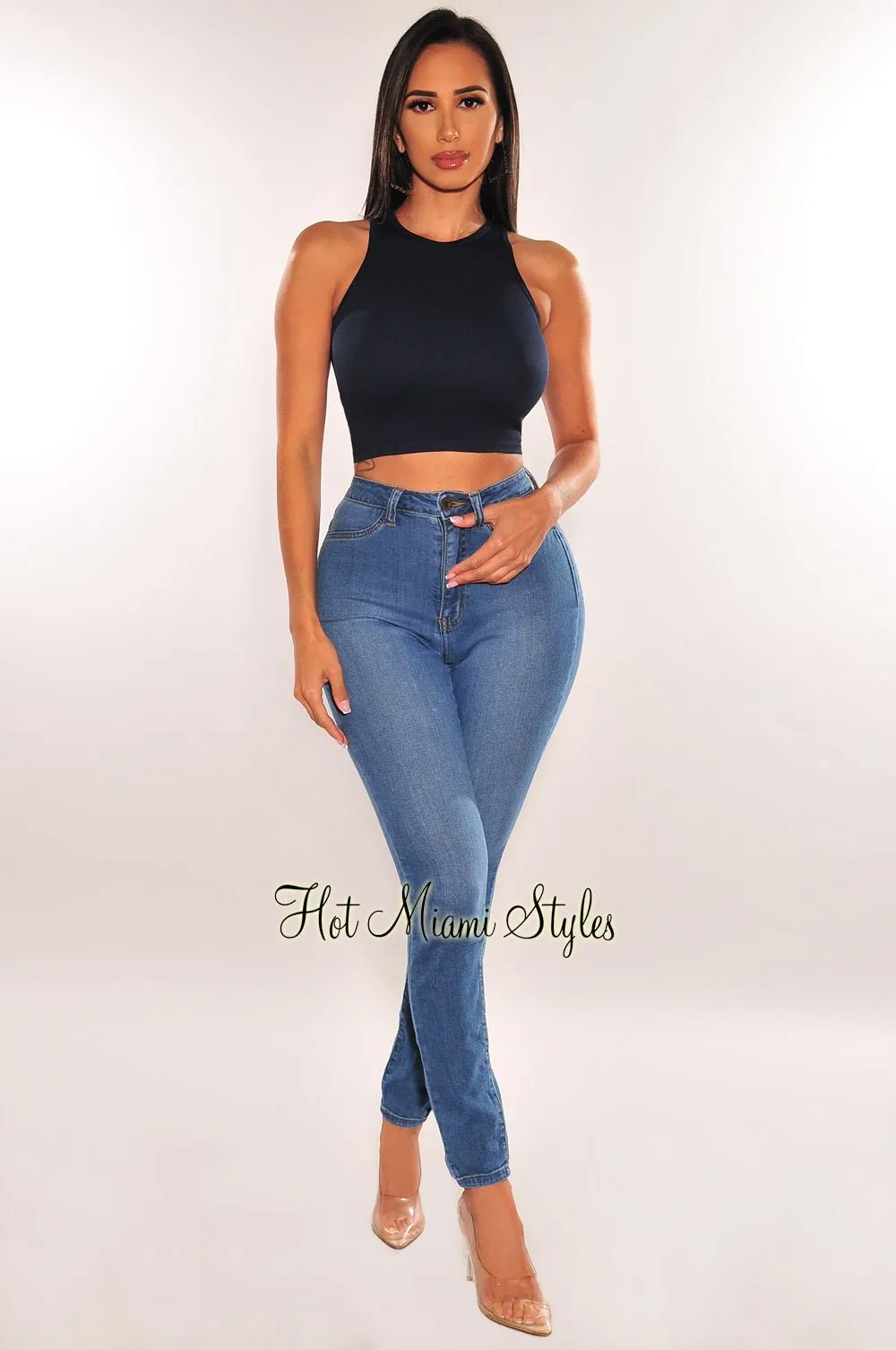 HMS ESSENTIAL: Navy Ribbed Seamless Sleeveless Crop Top