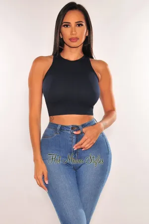 HMS ESSENTIAL: Navy Ribbed Seamless Sleeveless Crop Top