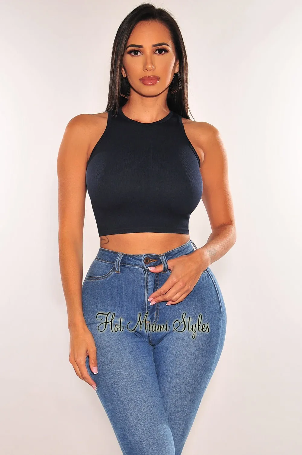 HMS ESSENTIAL: Navy Ribbed Seamless Sleeveless Crop Top