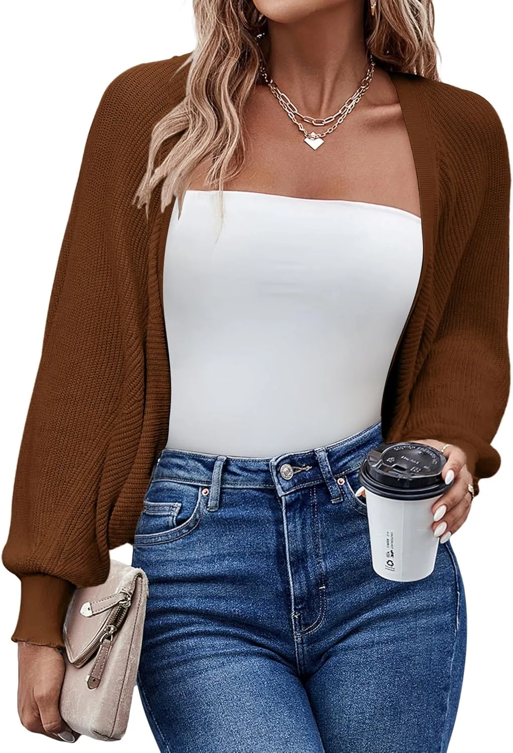 HOTOUCH Women's Cardigan Shrugs Long Batwing Sleeve Knitted Cropped Bolero Open Front Casual Elegant Cardigans for Dresses