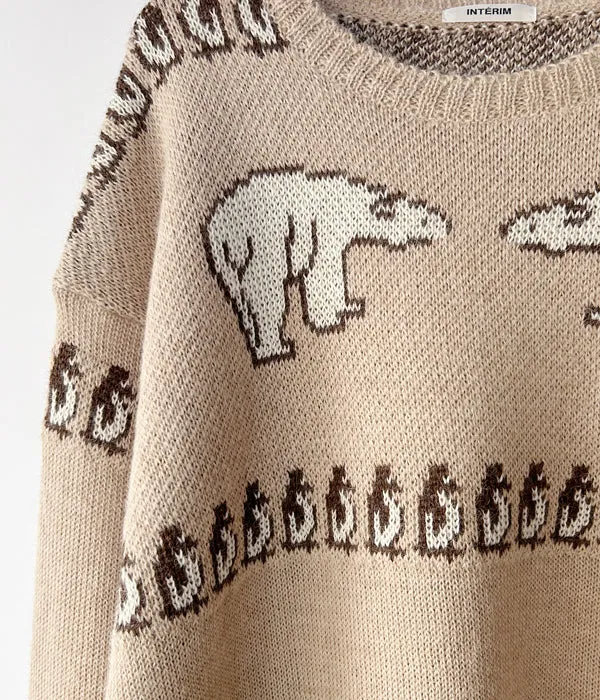 INTERIM/40s ANIMAL JACQUARD ALPACA CREW SWEATER (BEIGE/BROWN)