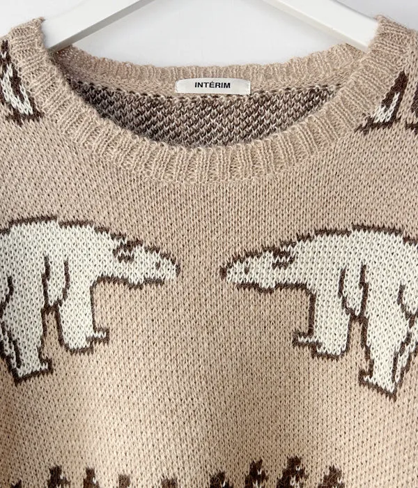 INTERIM/40s ANIMAL JACQUARD ALPACA CREW SWEATER (BEIGE/BROWN)