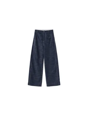 Linen-Cotton Lace Wide-Leg Straight Jeans: Navy / L
