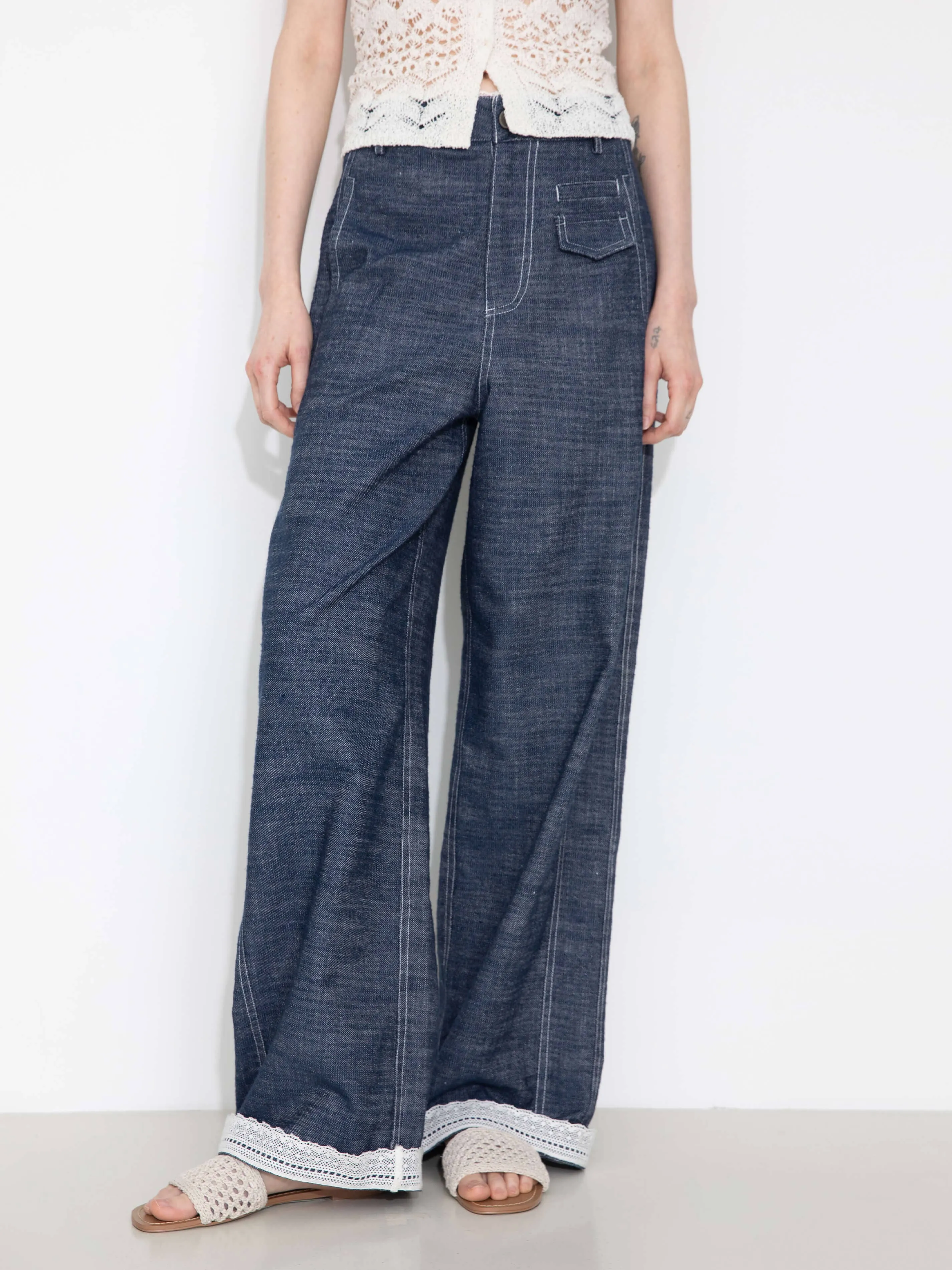 Linen-Cotton Lace Wide-Leg Straight Jeans: Navy / L
