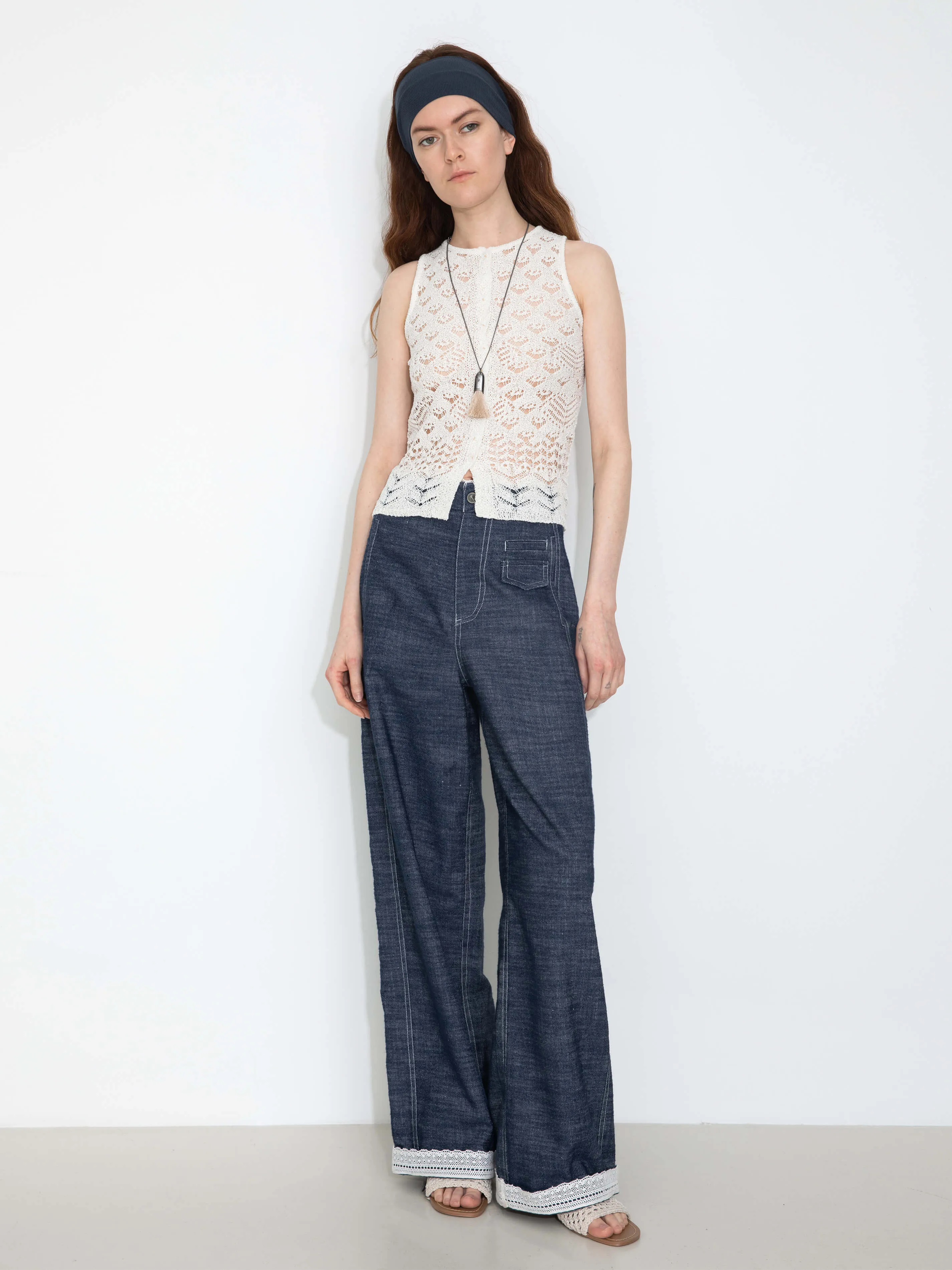 Linen-Cotton Lace Wide-Leg Straight Jeans: Navy / L