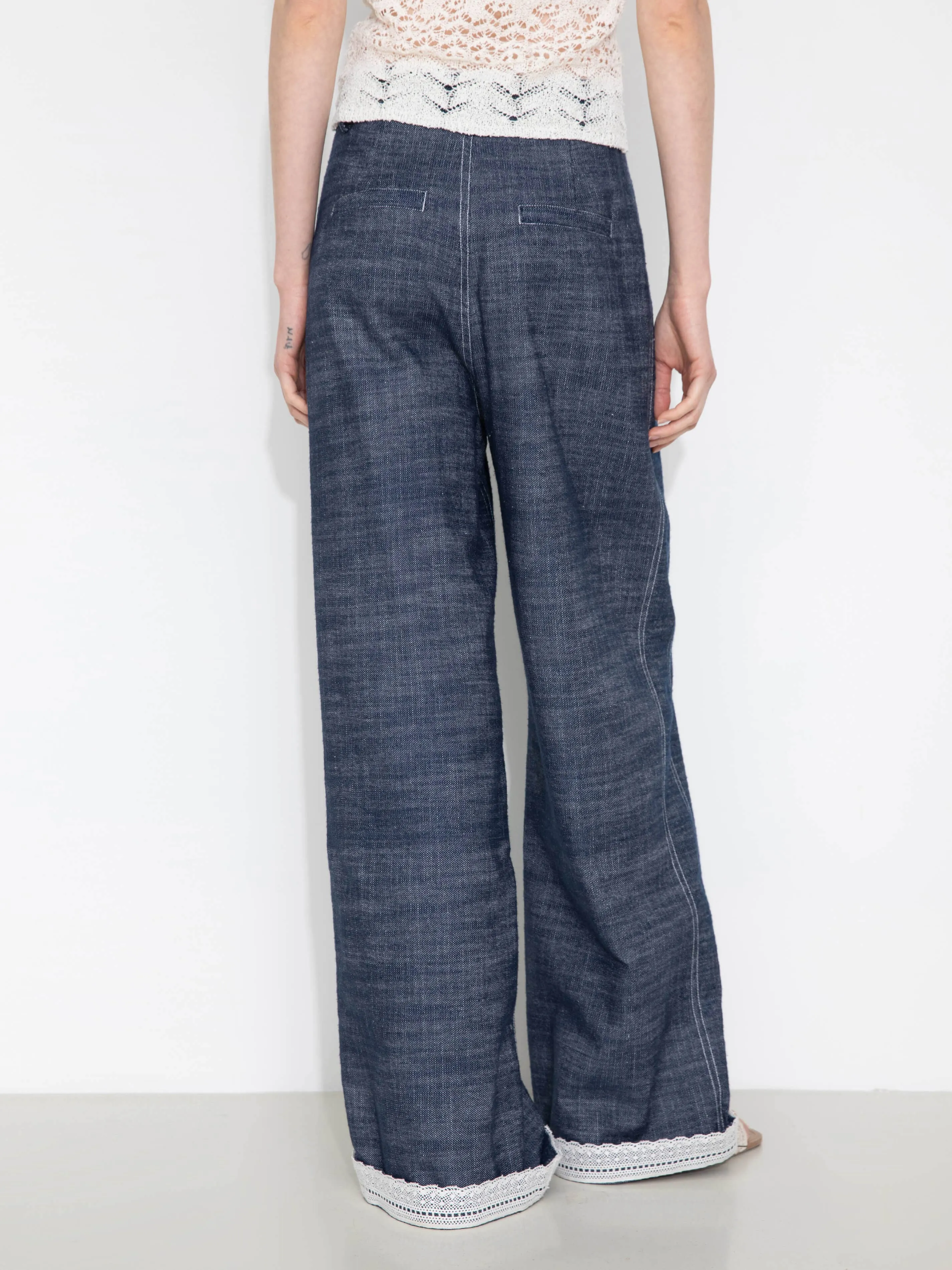 Linen-Cotton Lace Wide-Leg Straight Jeans: Navy / L